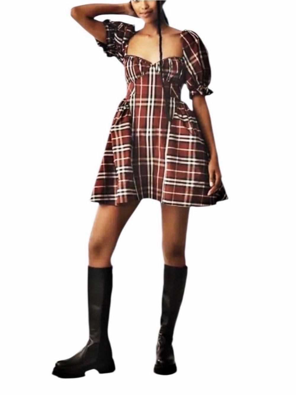 Maeve Burgundy Plaid Puff-Sleeve Mini Dress